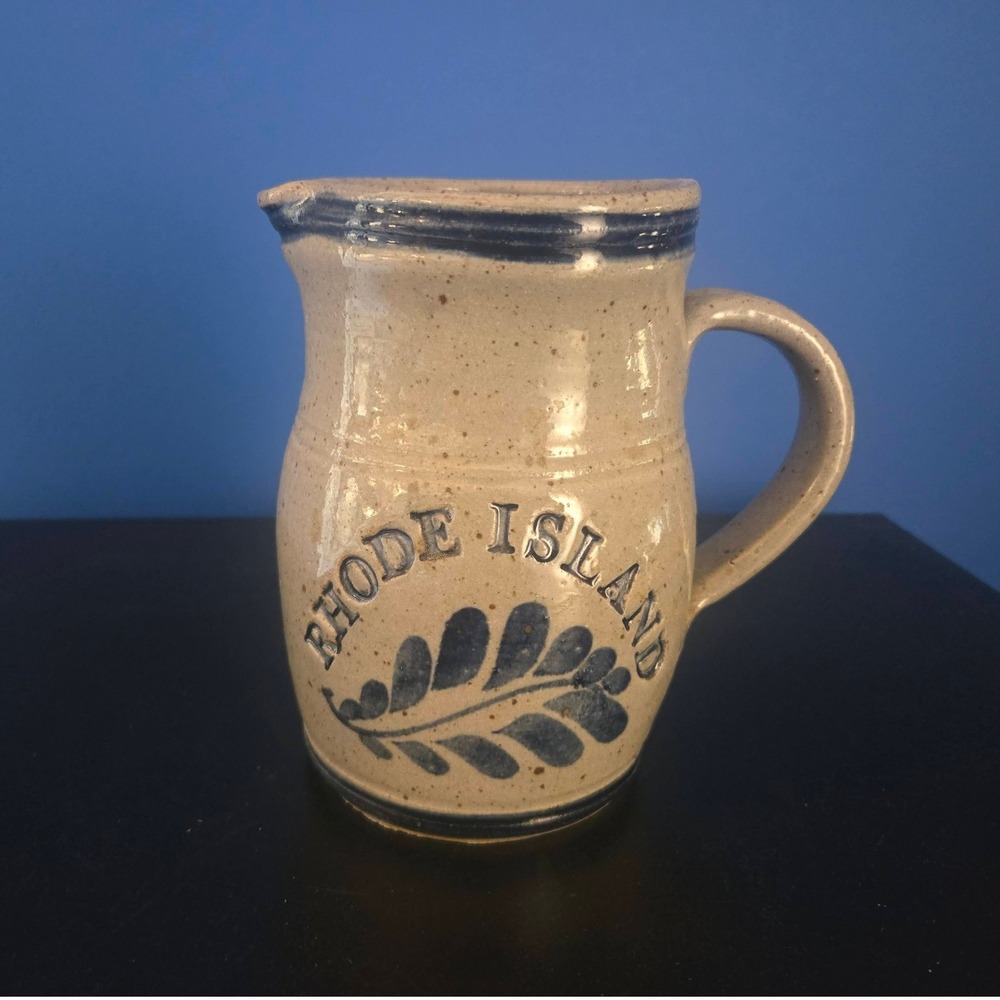 Artisan Signed Rhode Island Stoneware Pitcher Tan Cobalt Blue Salt Glaze  6in